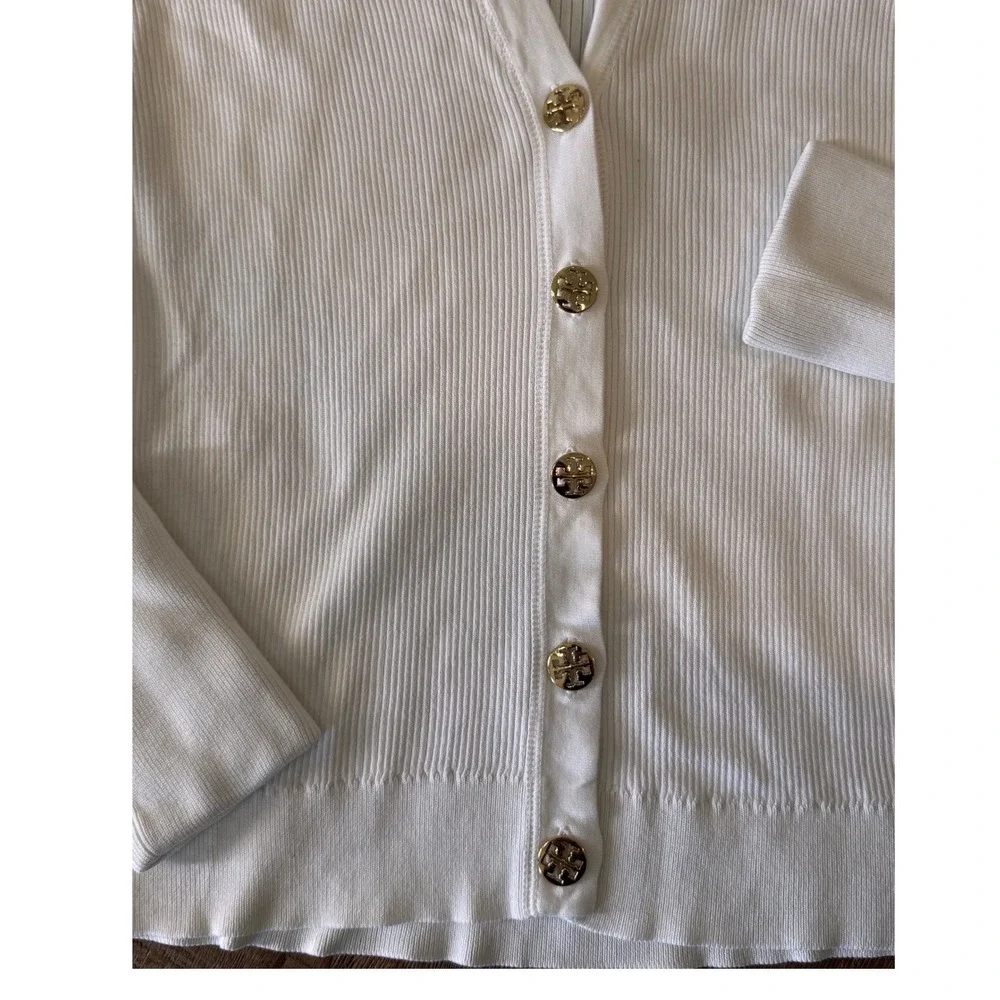 Tory Burch White Ribbed Cotton Simone Cardigan Gold Logo‎ Buttons Small